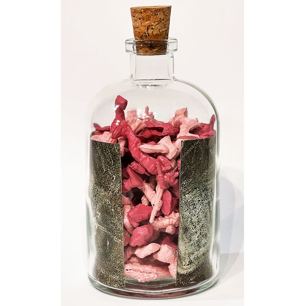 <br/>Frisco Praetorian back, 10/9/2025<br/>Apx 6½" x 3" x 3"<br/>glass, paper, ink, cork, plastic and acrylic